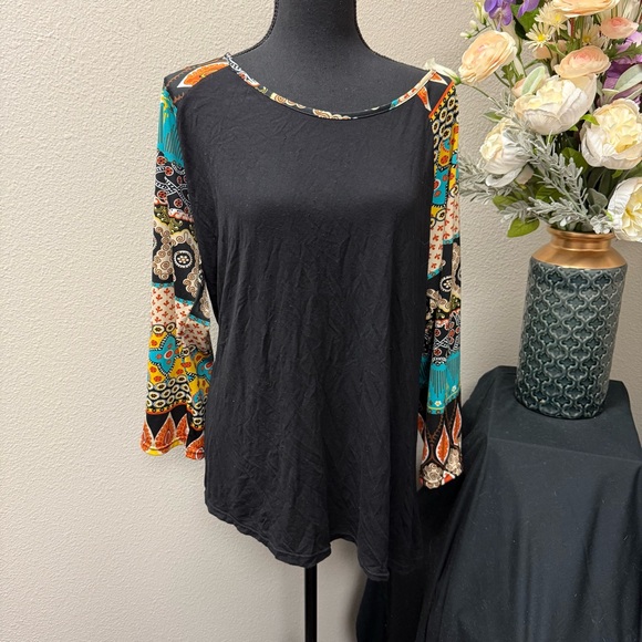 Southern Stitch Tops - Southern Stitch Black Top Boho Patchwork Sleeve Casual Fall Tunic Size XXL